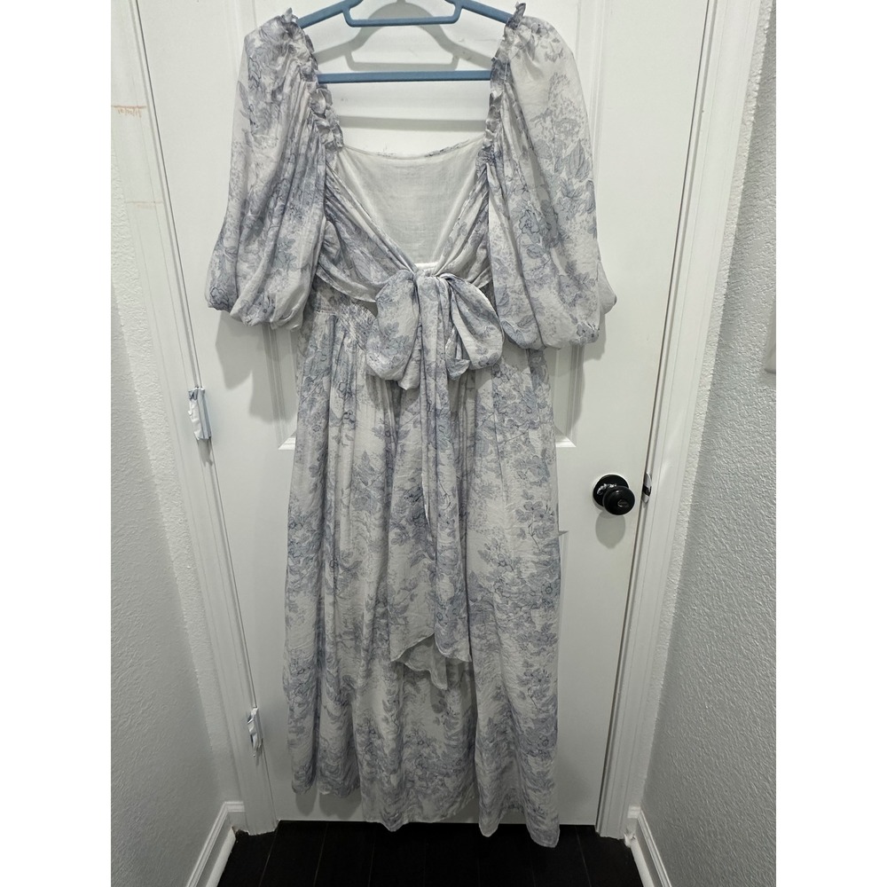 Worth Collective Melody Maxi Dress Blue Floral Puff Sleeve Tie Back Size L - Picture 7 of 15